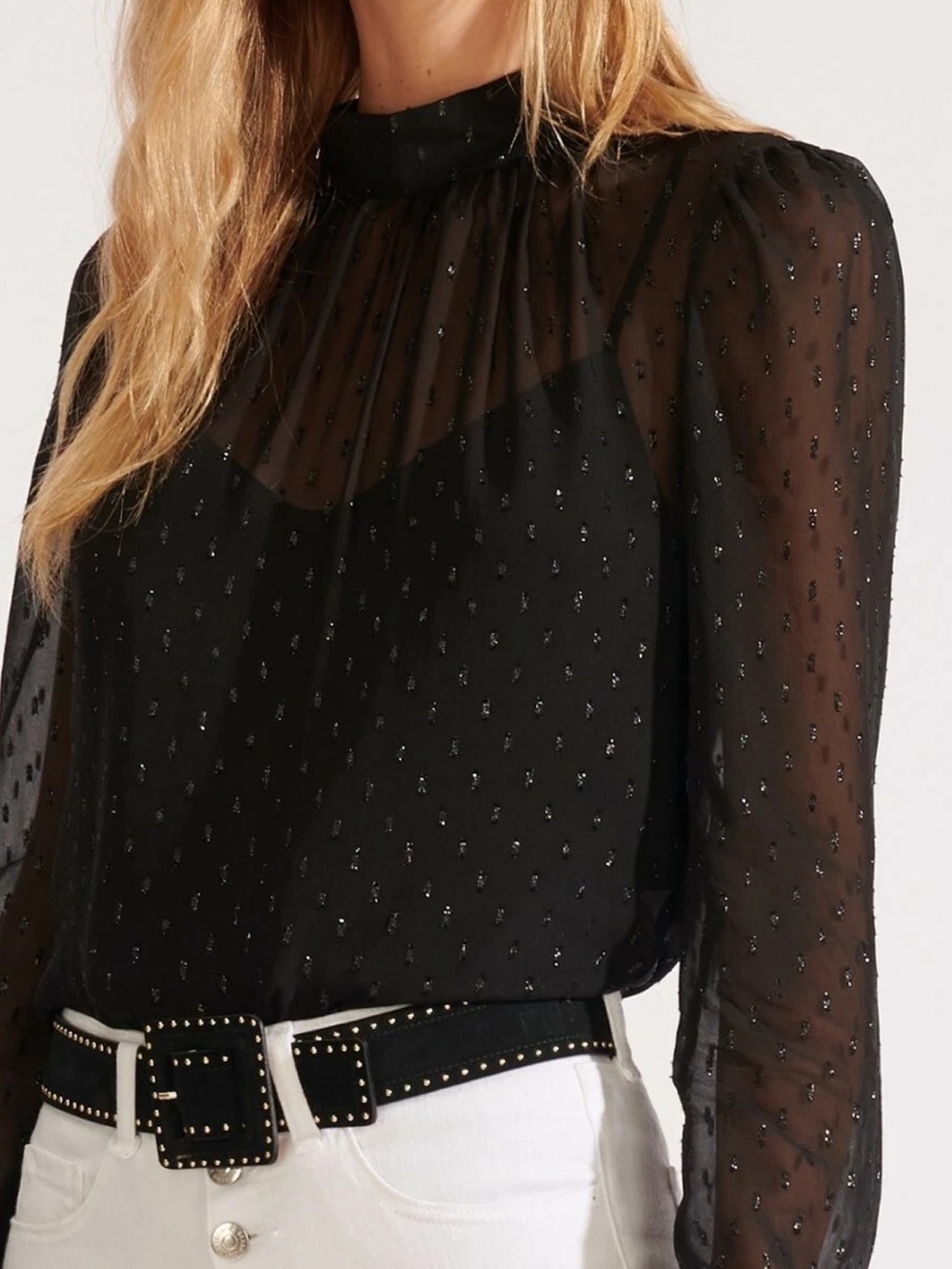 Veronica Beard Melling Sheer Embellished Tie Back Blouse with Cami Black 4 NWOT